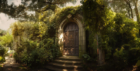 Fototapeta na wymiar old castle in the woods, a large leafy door in the middle of a forest in the style