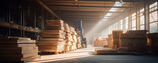 A stack of wooden boards in a warehouse, Lumber factory or sawmill, logging and planks, building wood materials.