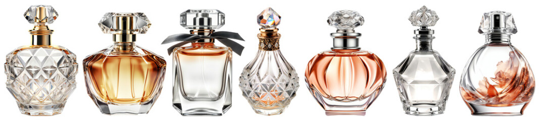 set of female perfume bottles isolated - obrazy, fototapety, plakaty