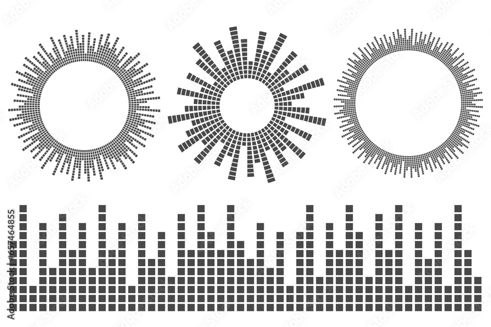 Poster circle sound wave. audio music equalizer. round circular icons set. spectrum radial pattern and freq