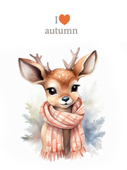 I love autumn watercolor illustration. Cute little deer in scarf. Hello autumn. Cute cartoon deer in a scarf. Vector illustration.