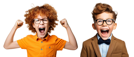 set of emotional, happy, excited, cheering teenager boy kid - celebrating, throwing arms up. on transparent background	
