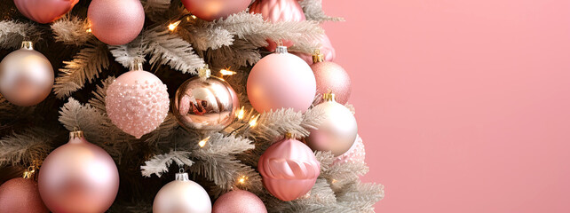 Christmas tree decorated with pink balls on a pink background close up, web banner, copy space for text