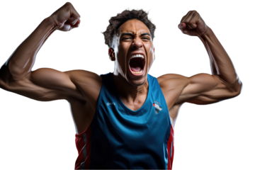 emotional, happy, excited, cheering Afro-American  basketball player celebrating victory. on transparent background