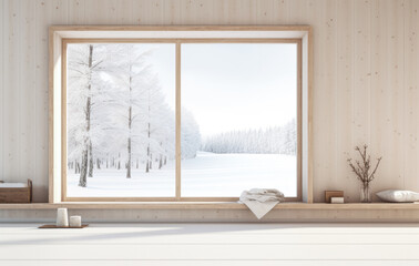 Fototapeta na wymiar Empty room with a snowy scene in the background