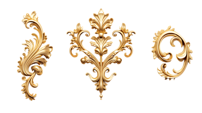 Golden Baroque Ornament 3D Set on White Background