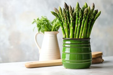 bundle of fresh asparagus leaning against a ceramic pot