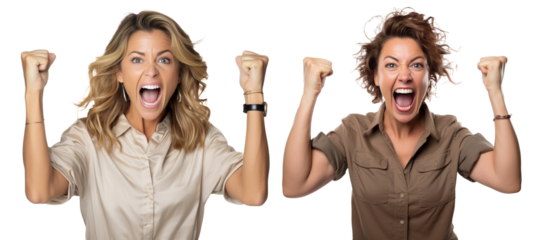 emotional, angry, excited, cheering adult woman mother - celebrating, throwing arms up. on transparent background	
