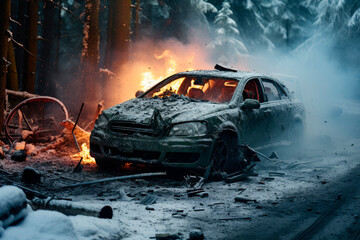 Car on fire after an accident - obrazy, fototapety, plakaty