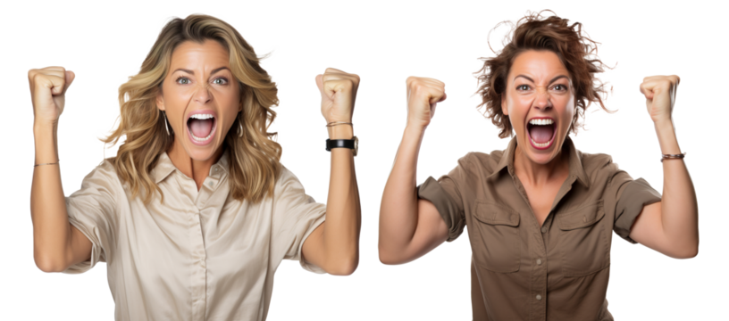 emotional, angry, excited, cheering adult woman mother - celebrating, throwing arms up. on transparent background	
