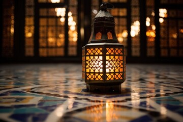 a lit moroccan lantern on a geometric tiled floor
