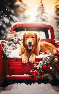 A dog lies in the back of a truck by Generative AI