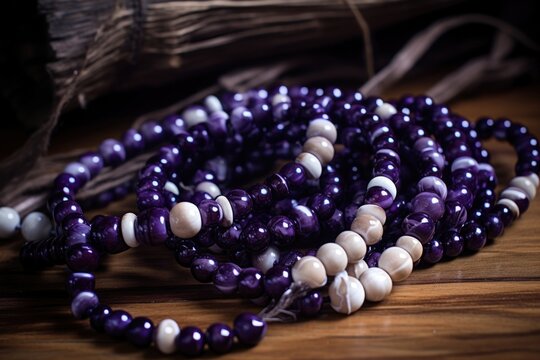 wampum beads on a wooden surface