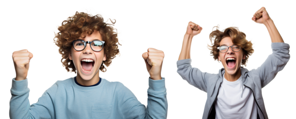 set of emotional, happy, excited, cheering teenager boy kid - celebrating, throwing arms up. on transparent background	
