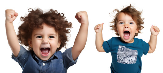 set of emotional, happy, excited, cheering baby toddler child - celebrating, throwing arms up. on transparent background	