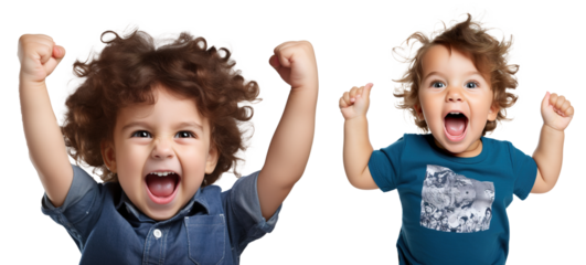 set of emotional, happy, excited, cheering baby toddler child - celebrating, throwing arms up. on transparent background	