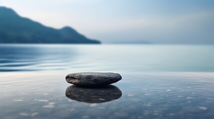 A product display mockup with a beautiful ocean background. The product is showcased on a dark, flat stone podium.