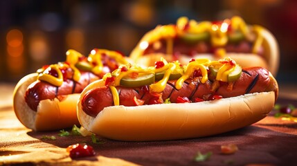 Close-up photo of appetizing hot dogs with mustard and ketchup on a wooden table - obrazy, fototapety, plakaty