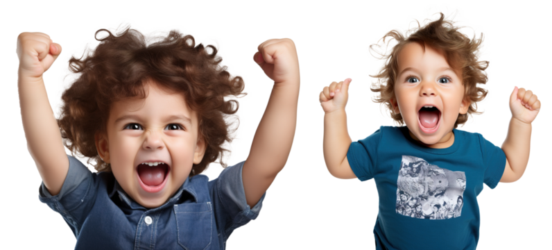 set of emotional, happy, excited, cheering baby toddler child - celebrating, throwing arms up. on transparent background	