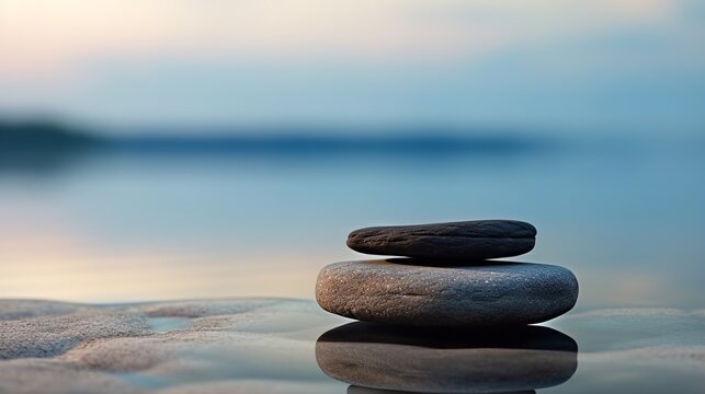 A product display mockup with a beautiful ocean background. The product is showcased on a dark, flat stone podium.