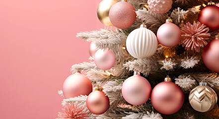 Fototapeta na wymiar Christmas tree decorated with pink balls on a pink background close up, web banner, copy space for text