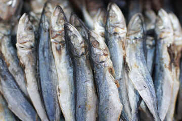 Heaps of salted sun dried fishes or ikan asin, a traditional comfort food in Indonesian Cuisine 