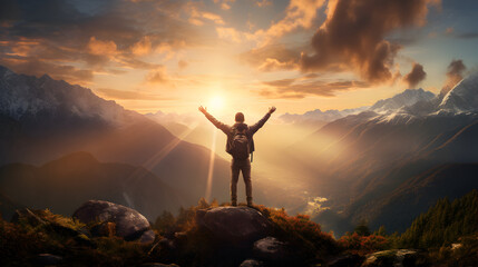 Hiker Reaching the Summit, Arms Raised in Celebration