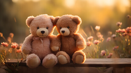 Two Teddy Bears Sitting Side by Side - obrazy, fototapety, plakaty