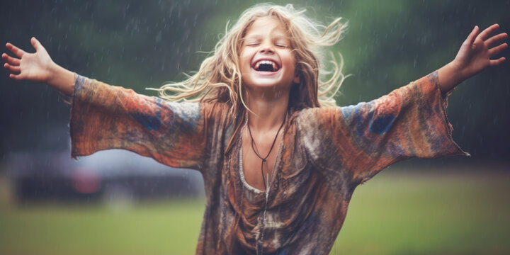Joyful child dancing in the rain, arms outstretched and face upturned.