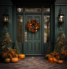 the front door of a house with pumpkin and wreath for Halloween