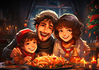 Holiday card with cartoon happy family having Christmas dinner