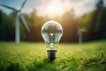 Light bulb green energy industry, concept  of wind power station renewable energy source.