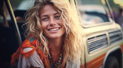 Charming blonde woman seated in vintage van, embodying joyous freedom on a carefree journey.