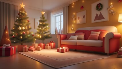 Festive living room interior with Christmas tree near fireplace