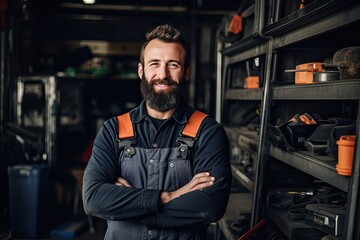 A handsome young maintenance worker with a beard stands and smiles looking at the camera. Behind it is where his work tools are stored - obrazy, fototapety, plakaty