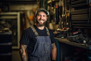 A handsome young maintenance worker with a beard stands and smiles looking at the camera. Behind it is where his work tools are stored