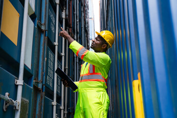 Container yard worker checking container at container yard warehouse. Import and export concept.