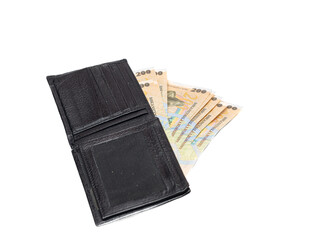 wallet with romanian curency on white background