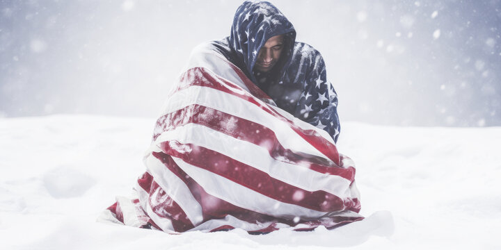Dramatic portrayal of a shivering Mexican, draped in American flag amidst snow.