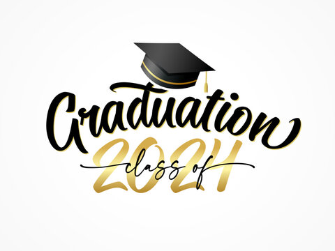 Set of class of 2024 graduation award emblem design template isolated,  graduation cap with laurel wreath in gold color Stock Vector