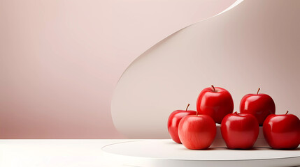 Empty podium on light architectural background surrounded by red apples. Abstract background with minimalist style for product brand presentation. Advertising cosmetics and beverages from apples  - obrazy, fototapety, plakaty