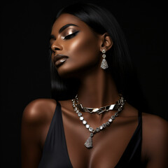 portrait of black woman glamorous makeup wearing luxury jewelry