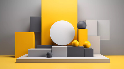 3D rendering grey cube empty podium with colorful bright yellow and gray background. Abstract background with minimalist style for product brand display presentation.