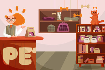 Illustration pet store, old man, cat, shelves, pet food, cartoon