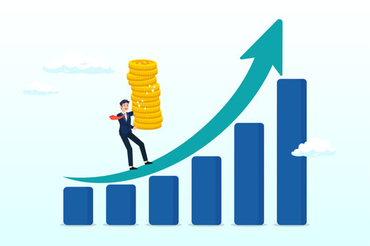 Businessman carry money coin stack walk up growth graph diagram, increase revenue, income or investment profit, growing income or wealth, growth chart diagram or savings and investment return (Vector)