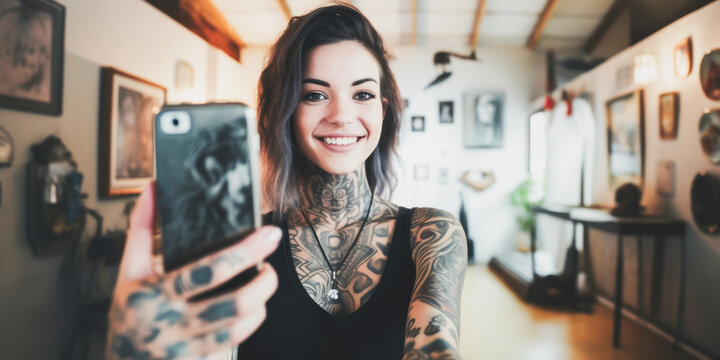 Engaging tattooed woman taking selfie in her vibrant studio.