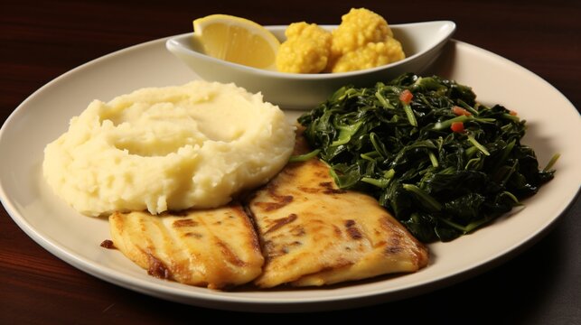 Savoring Traditions  Ugali, Fish, and Greens Elegantly Displayed in an East African Culinary Setting