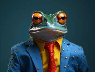 Man Frog Anthropomorphic Serious stupid Person in clothes: suite and tie. Business Concept - obrazy, fototapety, plakaty