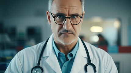 Young male doctor in a white coat and stethoscope - obrazy, fototapety, plakaty