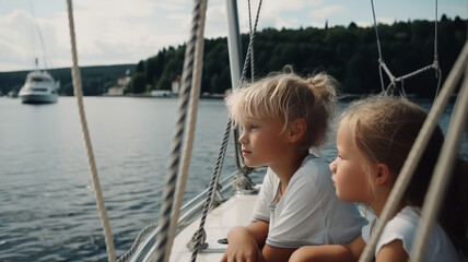Boy with his sister on board of sailing yacht on summer cruise.